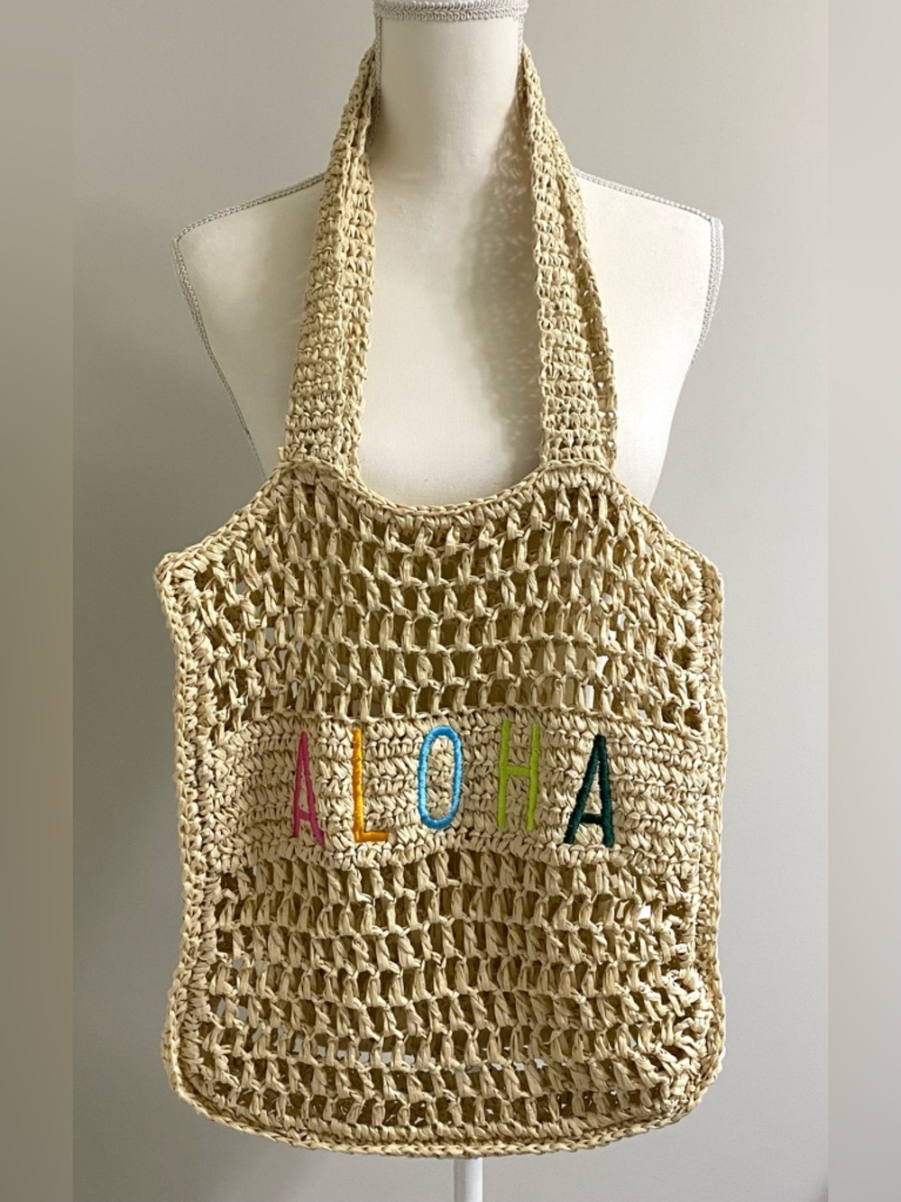 No Boundaries Natural Tan Embroidered Straw Tote Bag Boho Coastal Festival